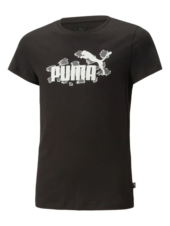 Camiseta deportiva PUMA de color negro con logotipo blanco en el pecho y cuello redondo.