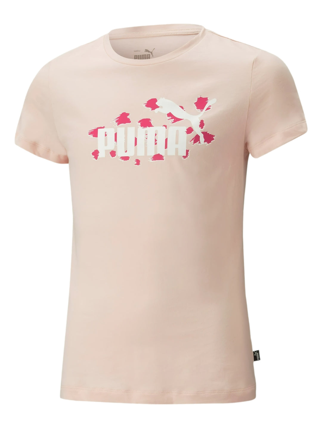 Camiseta PUMA de color rosa claro con logotipo frontal en blanco y rosa.