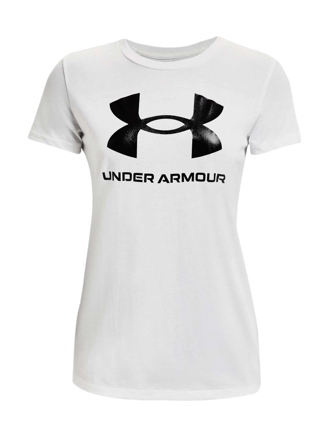 Playera blanca de manga corta Under Armour con logotipo y nombre de la marca en color negro al centro.