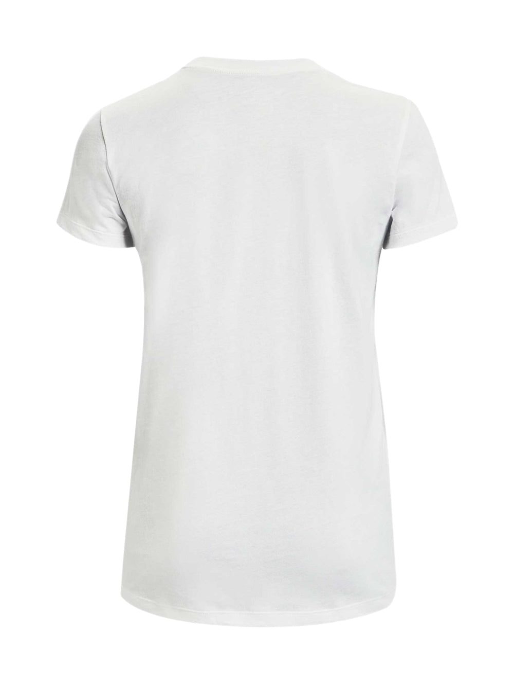 Playera blanca de manga corta Under Armour con logotipo y nombre de la marca en color negro al centro.