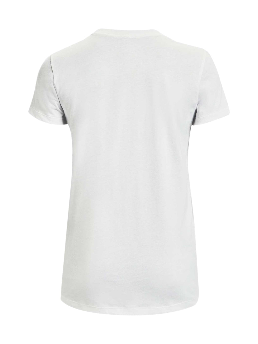 Playera blanca de manga corta Under Armour con logotipo y nombre de la marca en color negro al centro.
