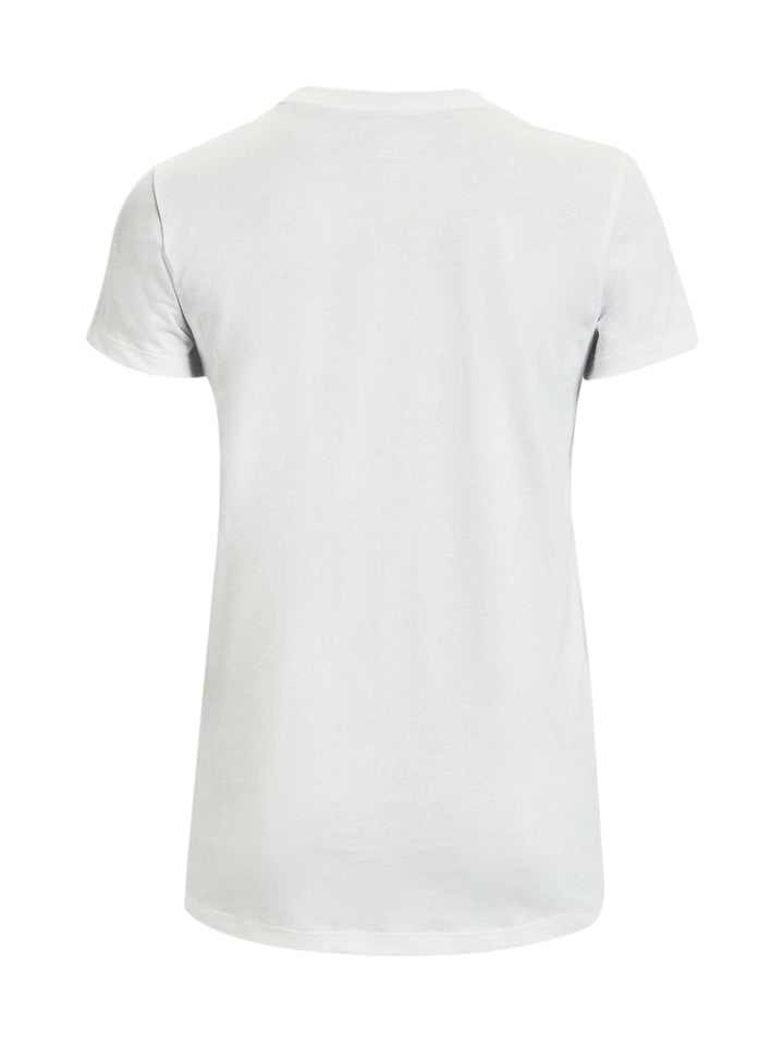 Playera blanca de manga corta Under Armour con logotipo y nombre de la marca en color negro al centro.