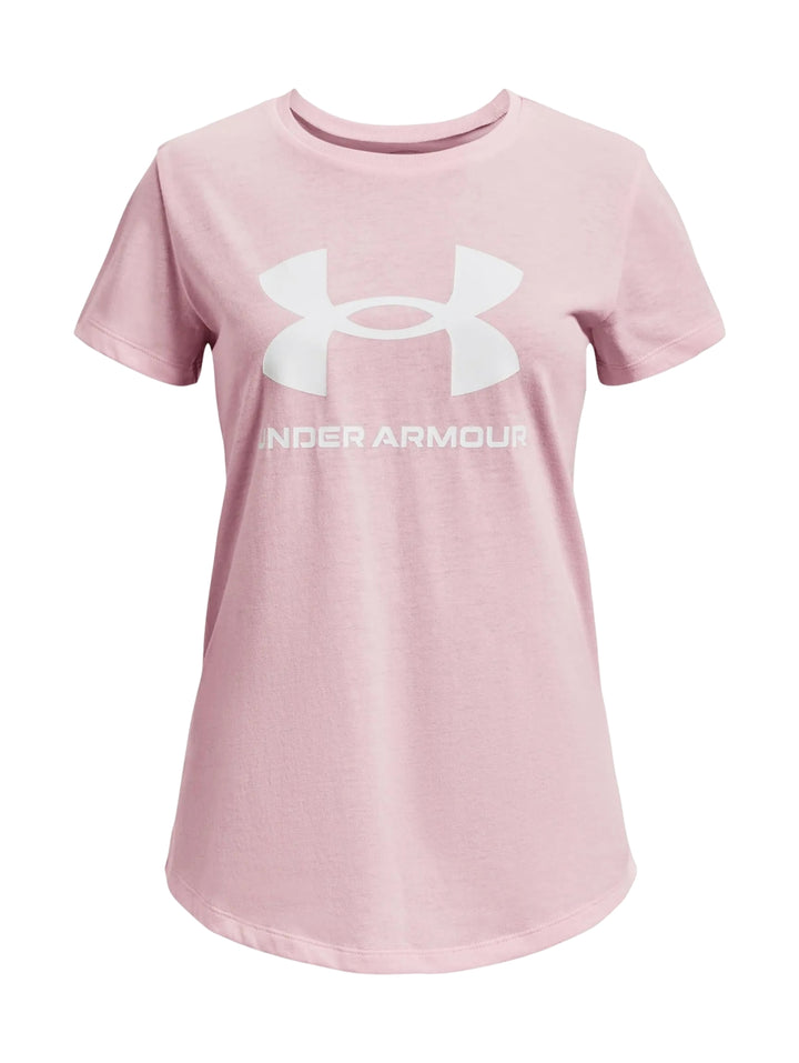 Camiseta deportiva Under Armour de color rosa con logotipo blanco en el pecho.
