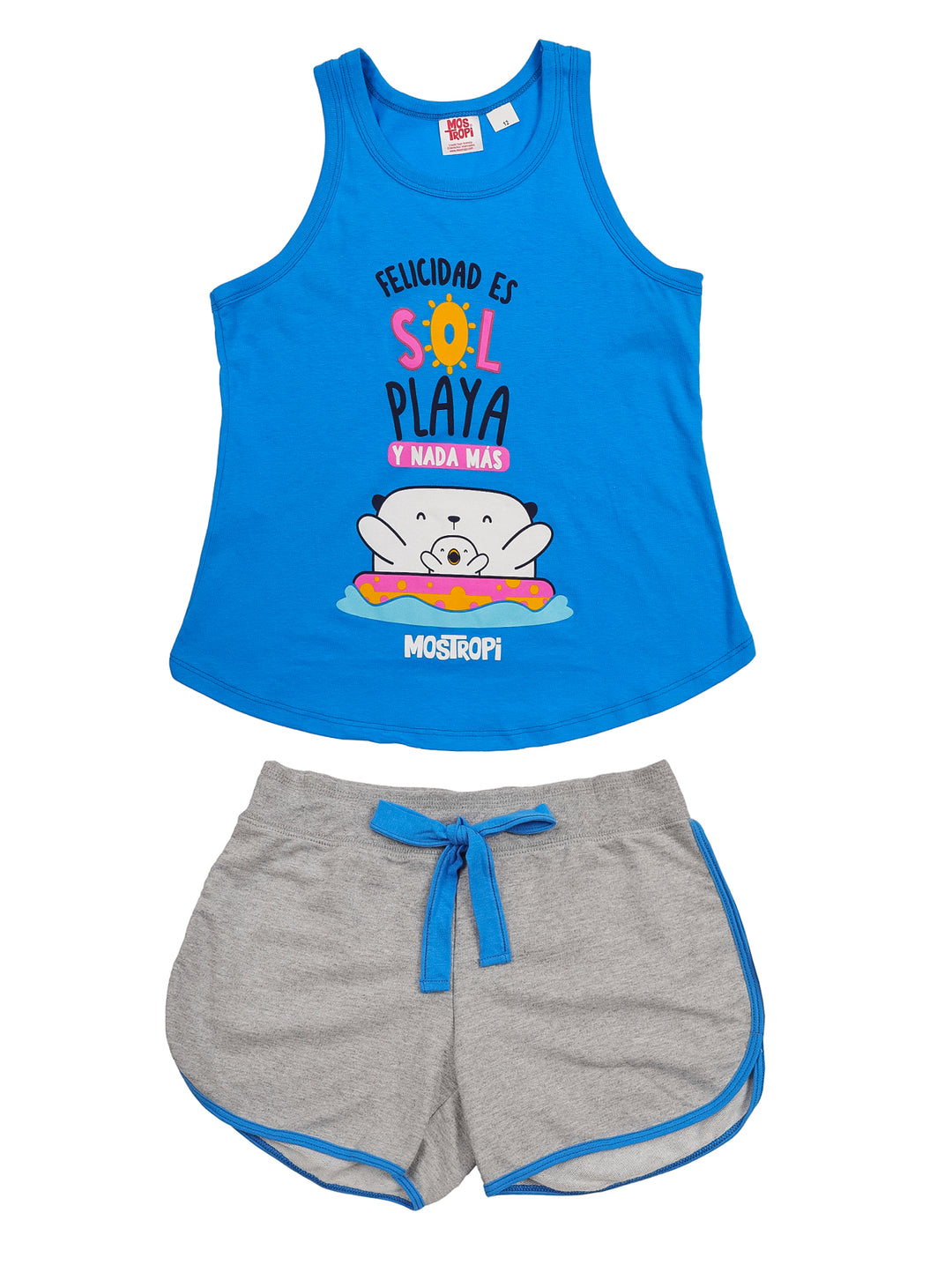 Conjunto de pijama azul y gris con estampado de oso y texto &