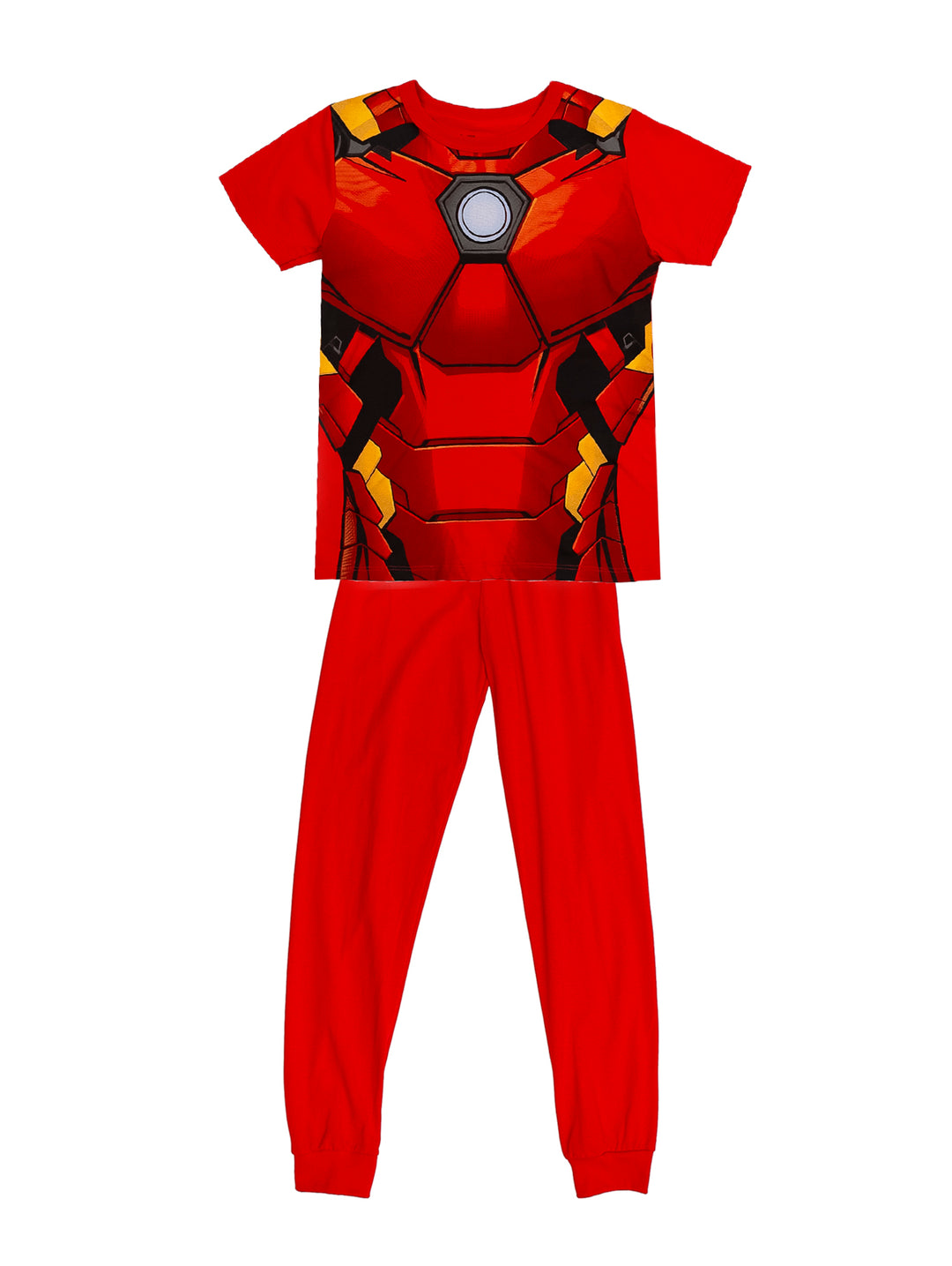 Pijama roja para niño con estampado de Iron Man en la camiseta y pantalón rojo sólido.