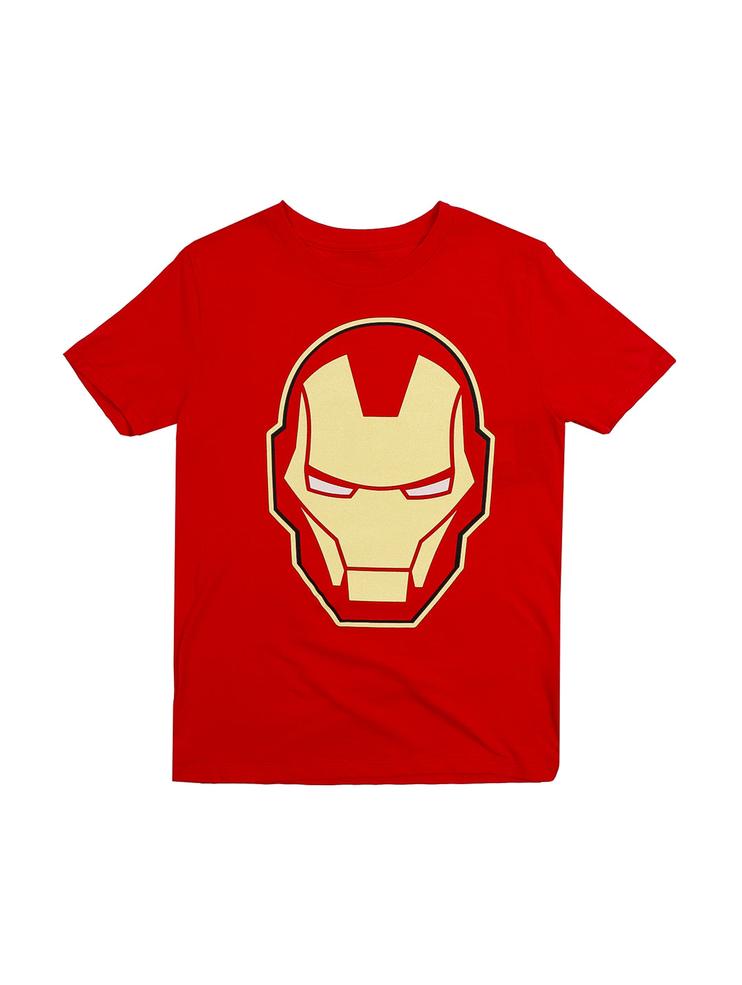 Camiseta roja infantil con estampado frontal de la máscara de Iron Man en color amarillo.