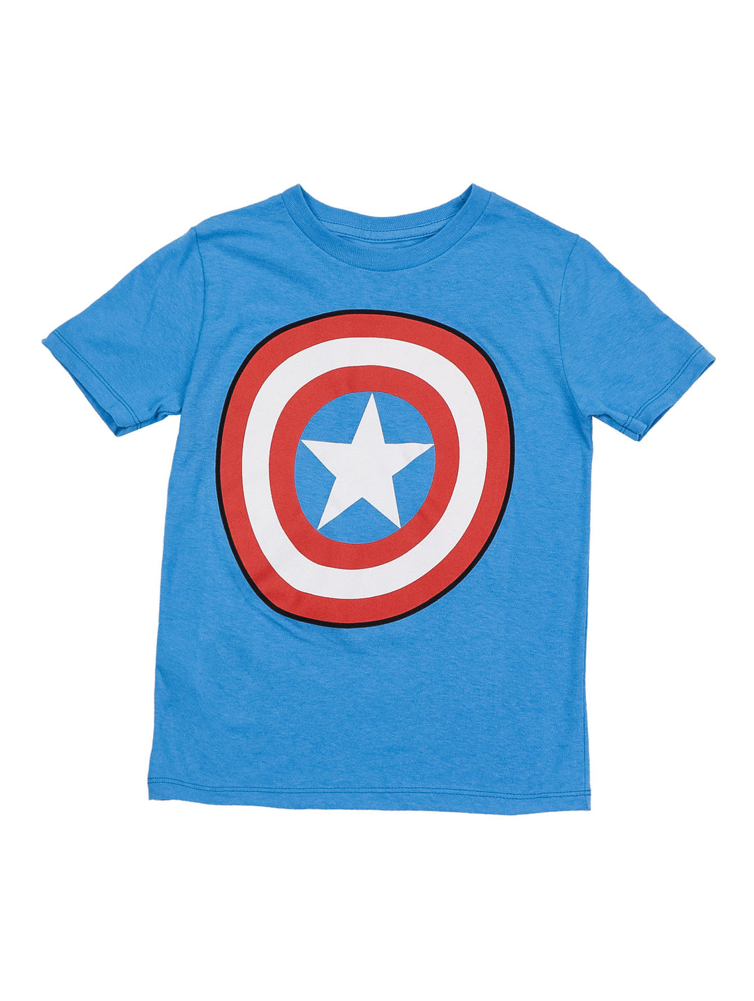 Camiseta azul rey para niño con estampado del escudo del Capitán América en el centro.