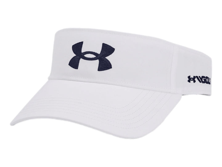 Visera deportiva blanca de Under Armour con logotipo negro en el frente y lateral.