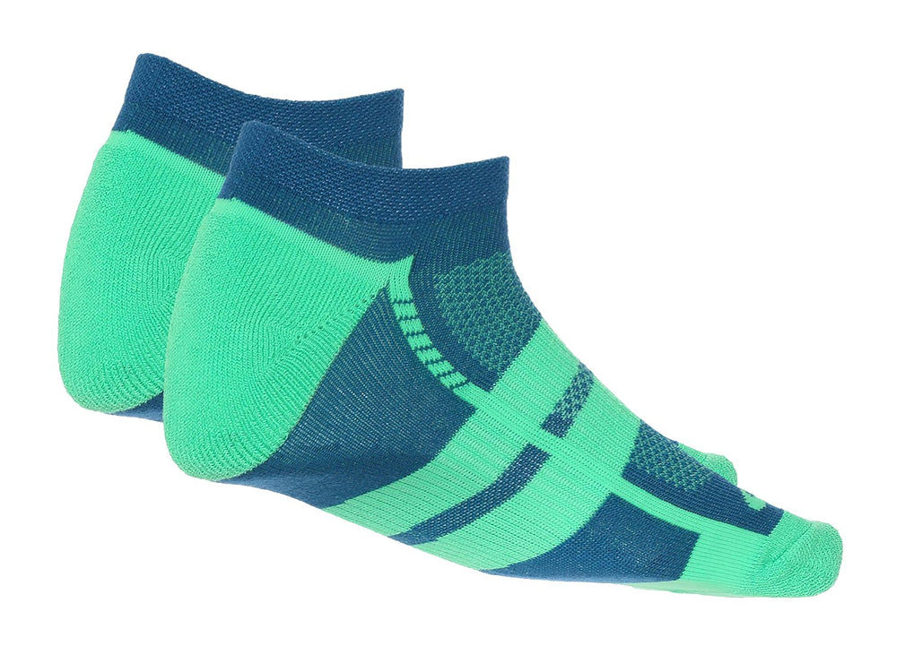 Par de calcetines deportivos ASICS en colores azul petróleo y verde menta con diseño de rayas horizontales.
