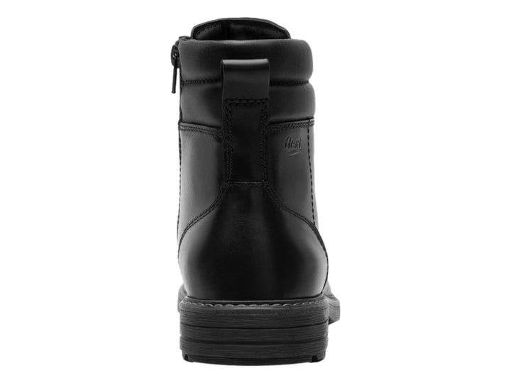 Bota casual de cuero color negro con agujetas y suela gruesa.