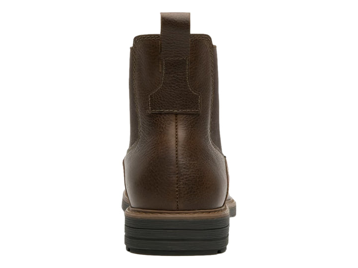 Botín Flexi color chocolate de cuero con panel elástico lateral y suela negra para hombre.