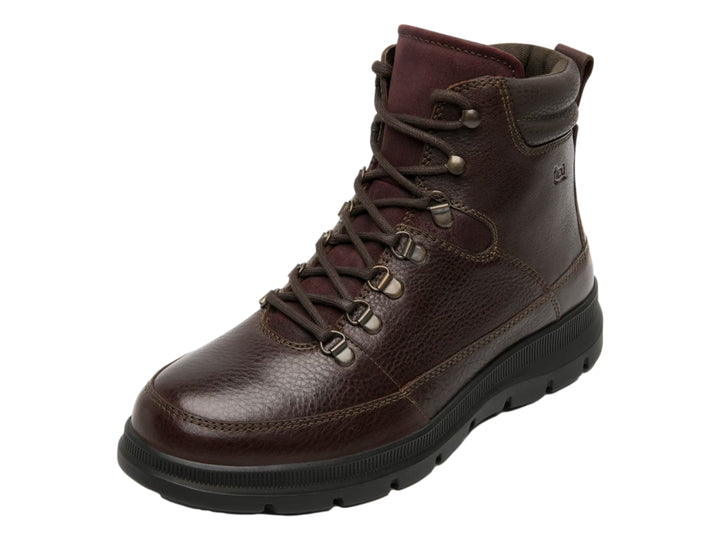 Bota casual Flexi de cuero color café oscuro con suela negra robusta y cordones.