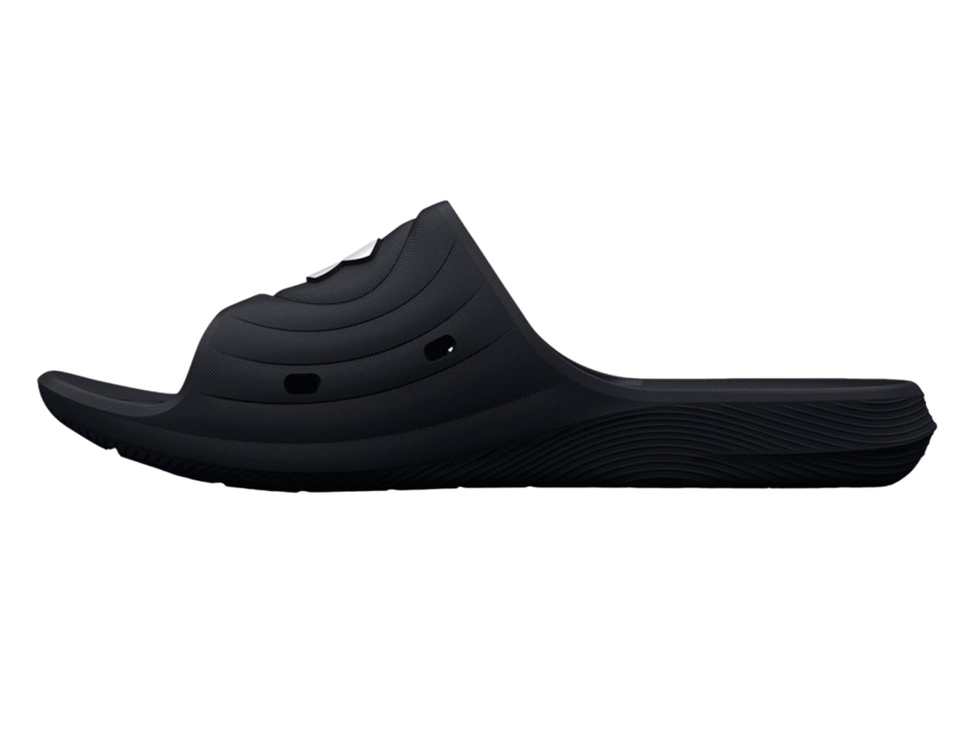 Sandalia Under Armour Locker IV SL en color negro con logotipo blanco en la parte superior.