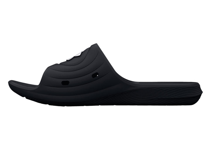 Sandalia Under Armour Locker IV SL en color negro con logotipo blanco en la parte superior.