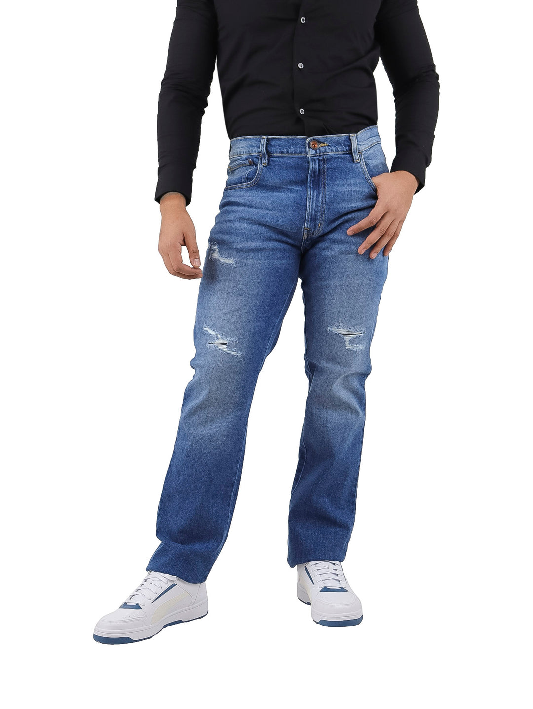 Pantalones jeans OGGI color azul con efecto bleach y detalles desgastados para hombre.