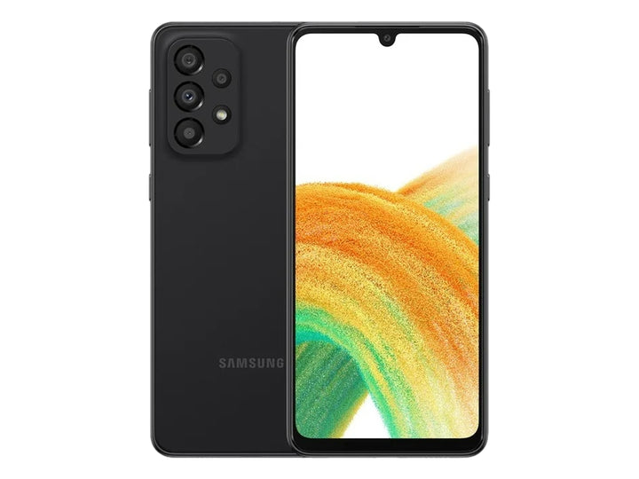 Teléfono inteligente Samsung Galaxy A33 en color negro, vista frontal y trasera sobre fondo blanco.