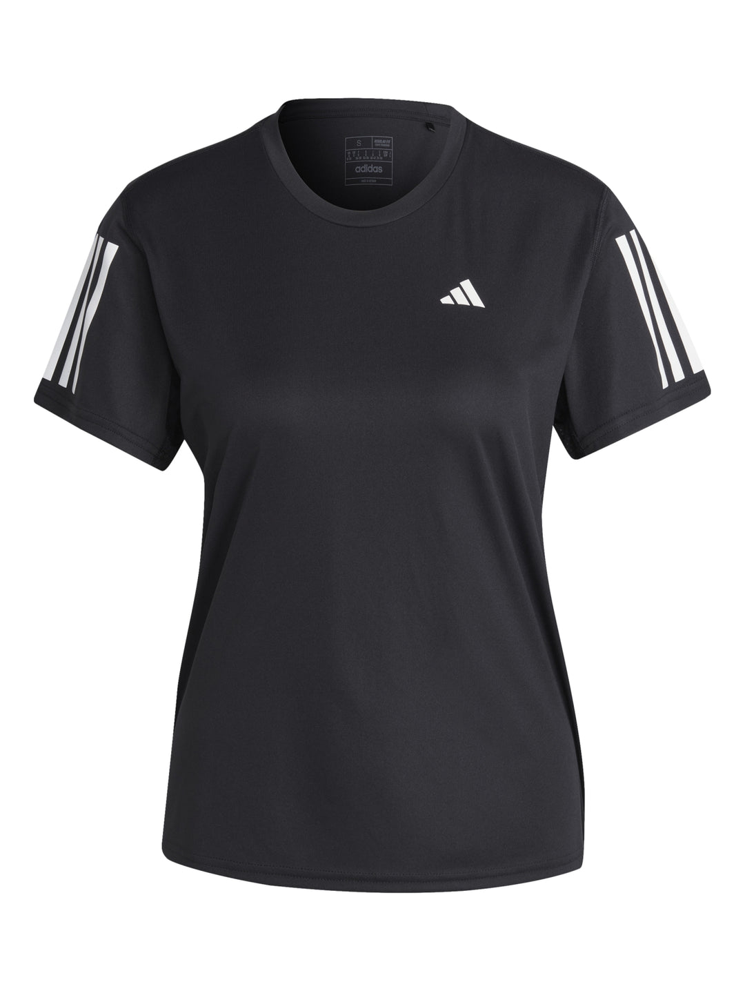 Mujer vistiendo camiseta deportiva Adidas color negro con detalles blancos en los hombros.