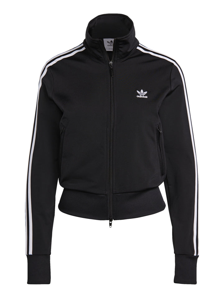 Chamarra deportiva Adidas Adicolor Classics Firebird en color negro con tres franjas blancas en las mangas.
