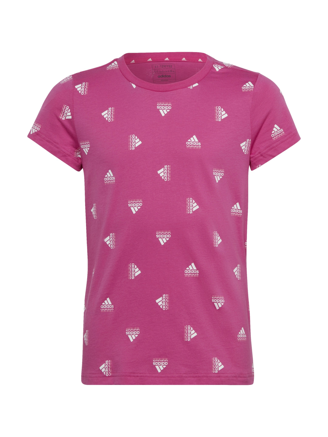 Playera Adidas color rosa con estampado repetitivo de logotipos en blanco, cuello redondo y manga corta.