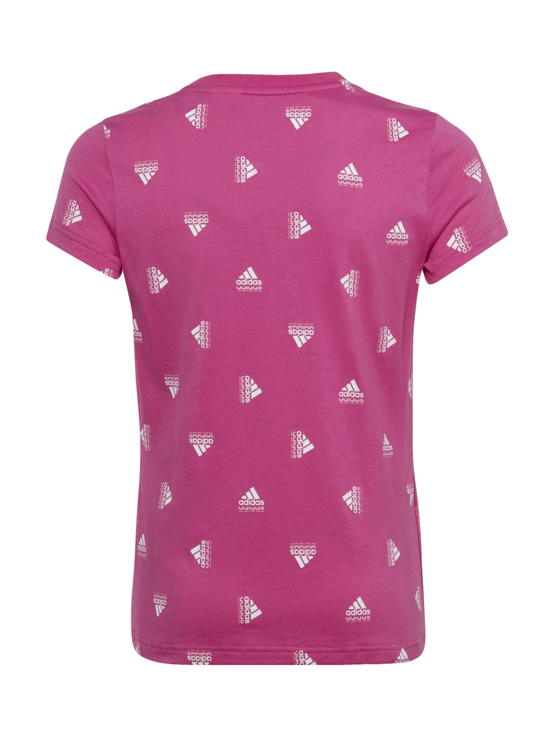 Playera Adidas color rosa con estampado repetitivo de logotipos en blanco, cuello redondo y manga corta.