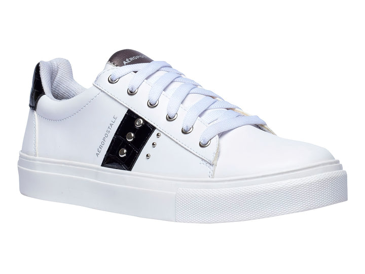 Tenis blancos Aeropostale con franja negra lateral y suela blanca de plataforma.
