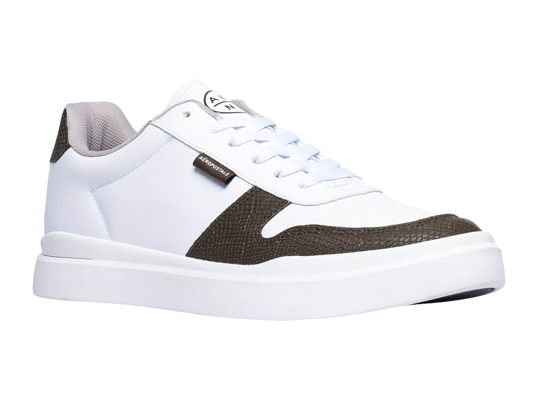 Tenis Aeropostale blancos con detalles en verde oscuro texturizado y suela blanca.