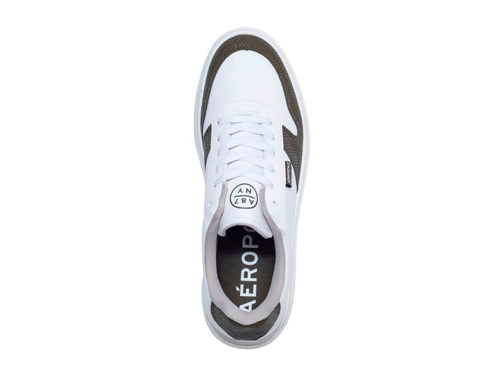 Tenis Aeropostale blancos con detalles en verde oscuro texturizado y suela blanca.