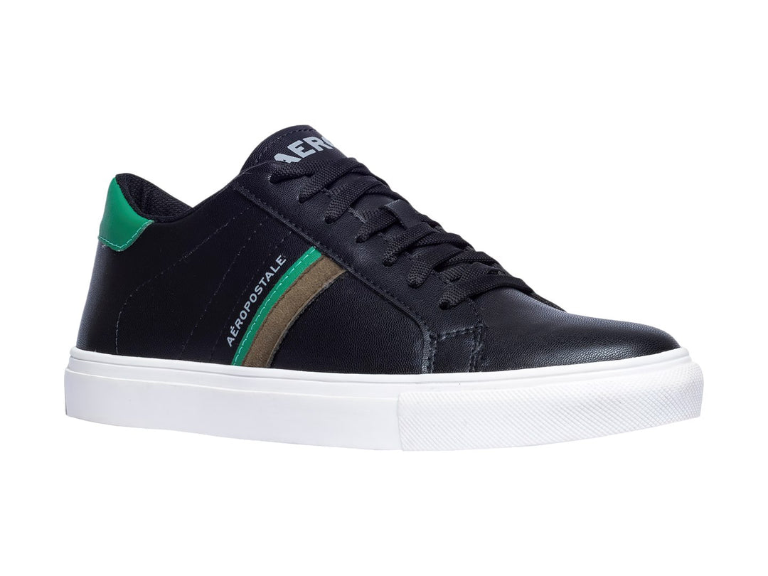 Tenis casuales Aeropostale color negro con suela blanca y detalles laterales en verde.