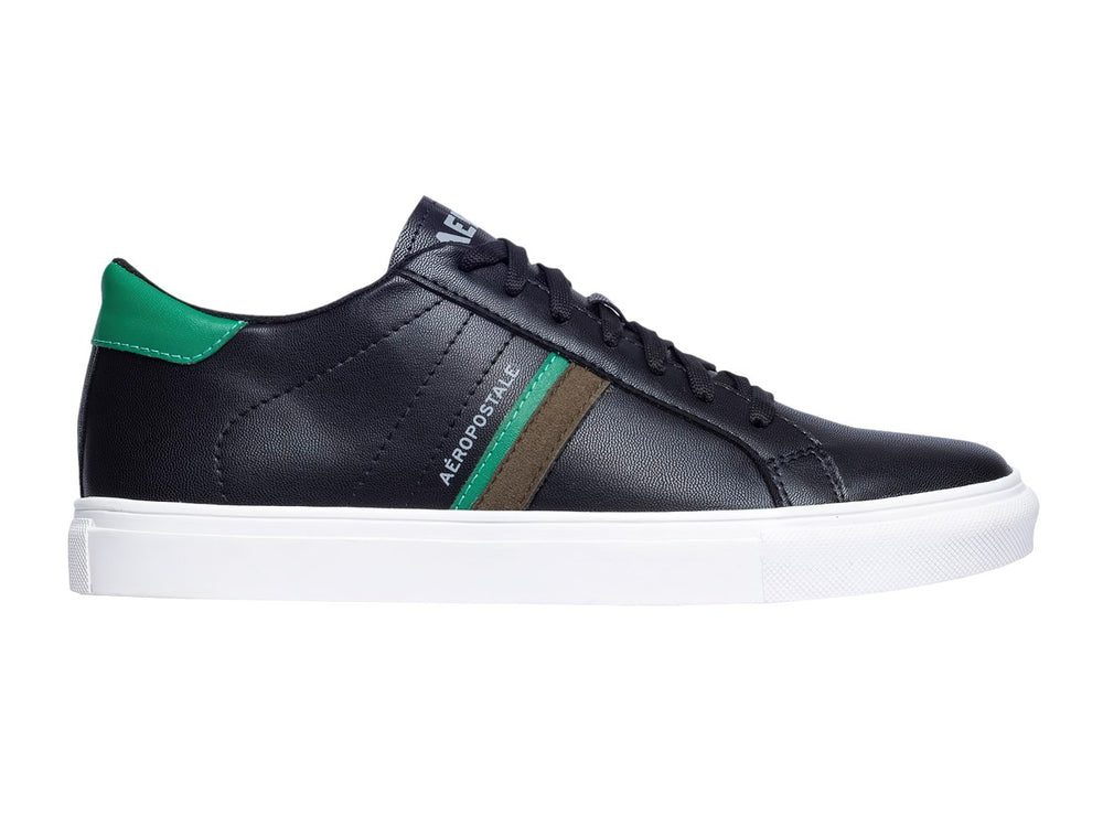 Tenis casuales Aeropostale color negro con suela blanca y detalles laterales en verde.