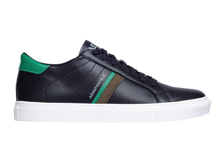Tenis casuales Aeropostale color negro con suela blanca y detalles laterales en verde.