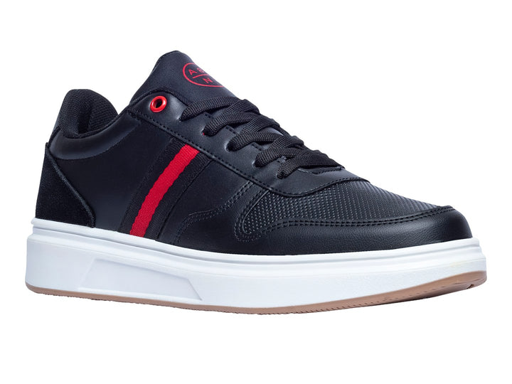 Tenis deportivos Aeropostale color negro con detalles en rojo y suela blanca.