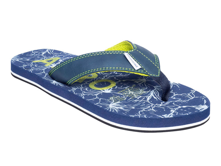 Sandalias Aeropostale color azul marino con detalles en verde lima y estampado blanco.