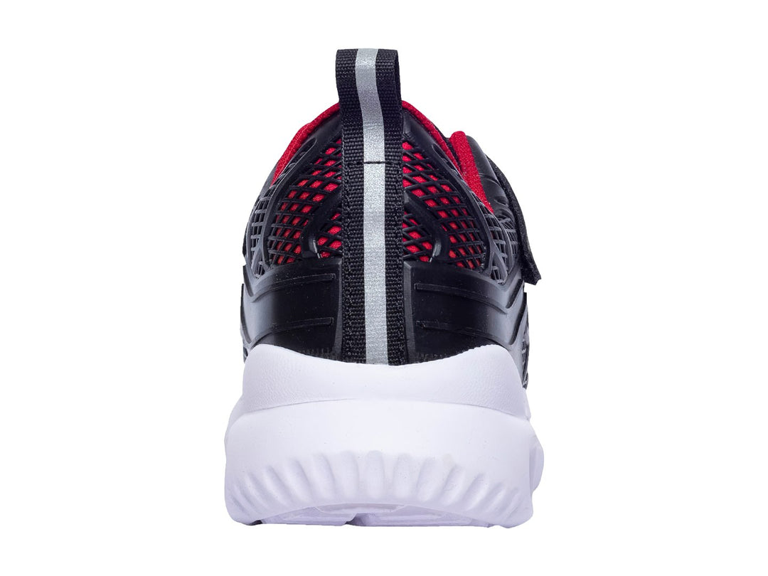 Tenis deportivos infantiles Aeropostale color negro con detalles en rojo y suela blanca.