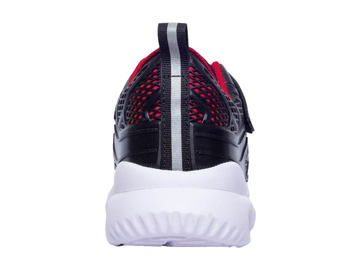 Tenis deportivos infantiles Aeropostale color negro con detalles en rojo y suela blanca.