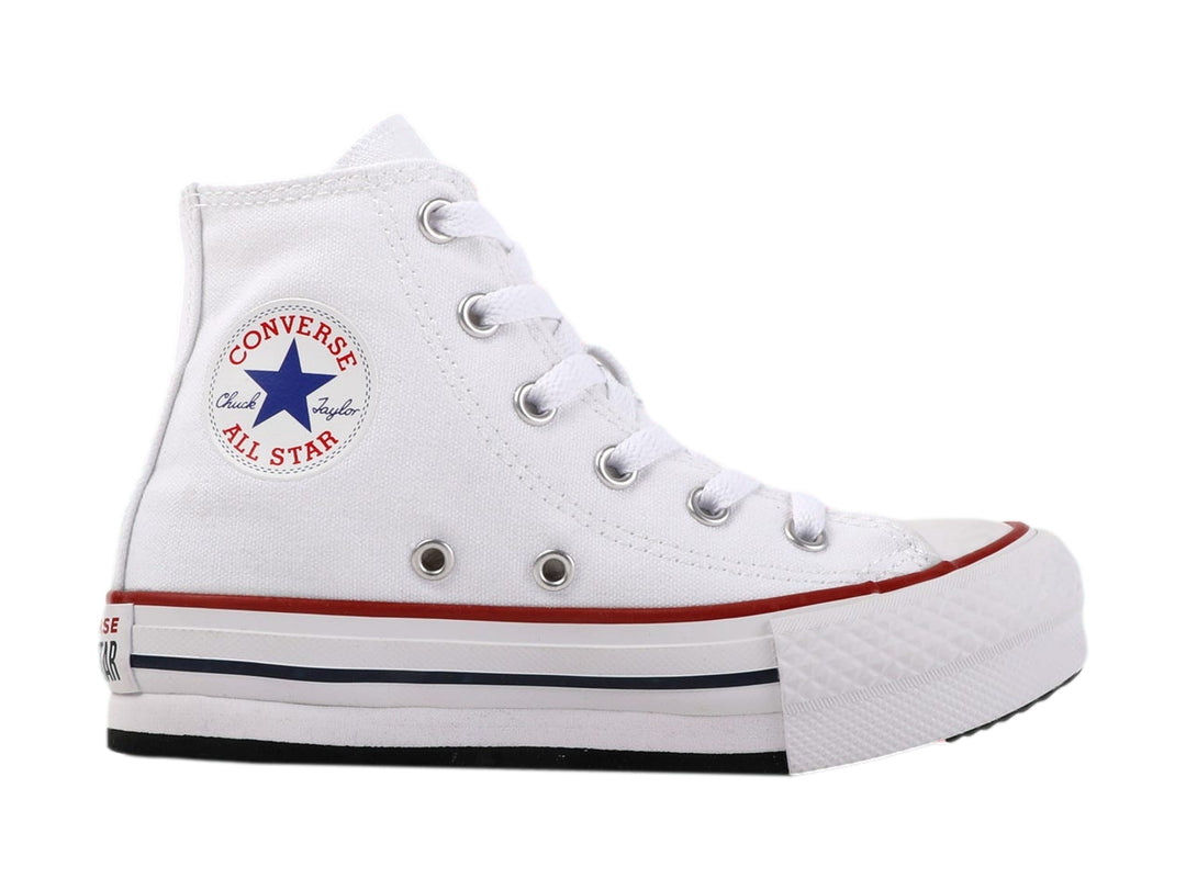 Tenis Converse Chuck Taylor All Star blancos de corte alto con suela EVA Lift y detalles en rojo y azul.