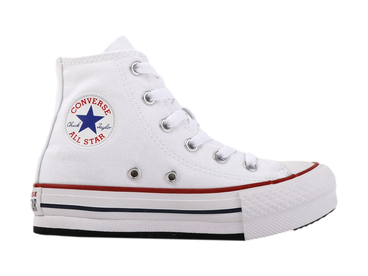 Tenis Converse Chuck Taylor All Star blancos de corte alto con suela EVA Lift y detalles en rojo y azul.