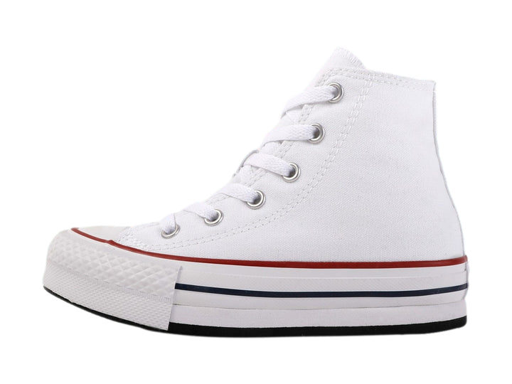 Tenis Converse Chuck Taylor All Star blancos de corte alto con suela EVA Lift y detalles en rojo y azul.