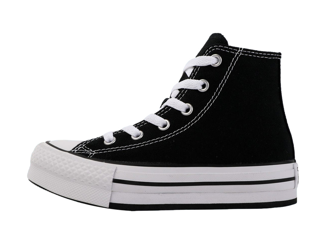 Tenis Converse Chuck Taylor All Star de bota color negro con suela blanca de plataforma.
