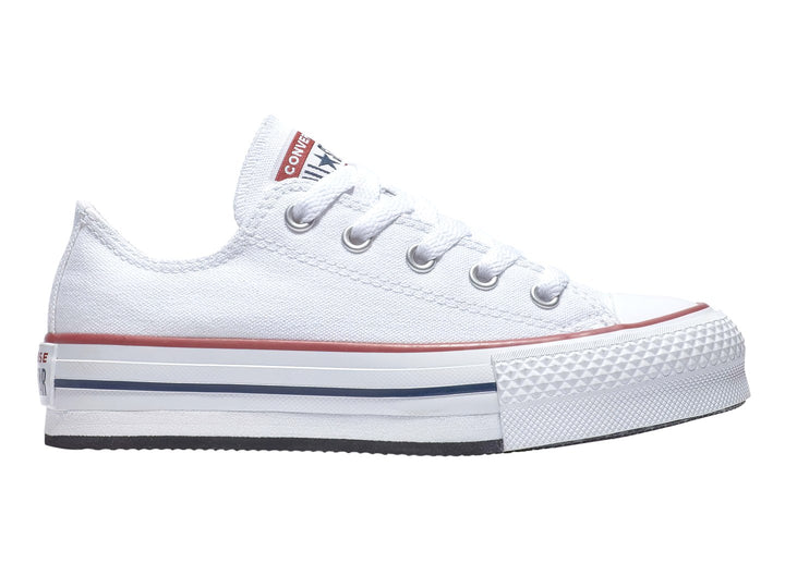 Tenis Converse Chuck Taylor All Star Eva Lift Ox en color blanco con franjas roja y azul en la suela.