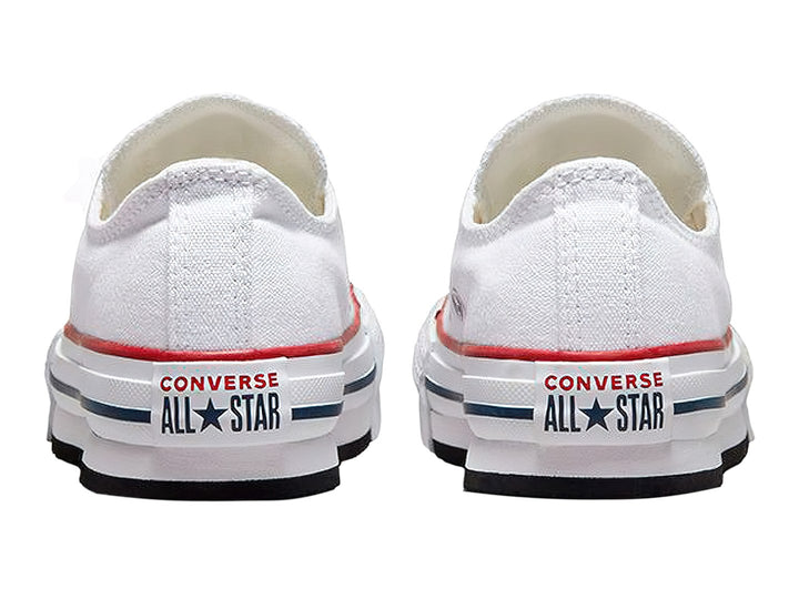 Tenis Converse Chuck Taylor All Star Eva Lift Ox en color blanco con franjas roja y azul en la suela.