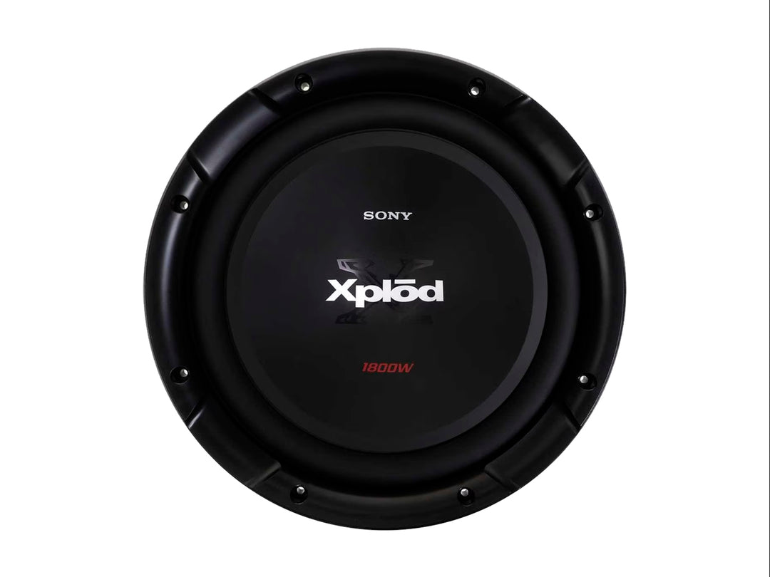Subwoofer Sony Xplod de color negro con diseño circular y potencia de 1800W indicada en rojo.