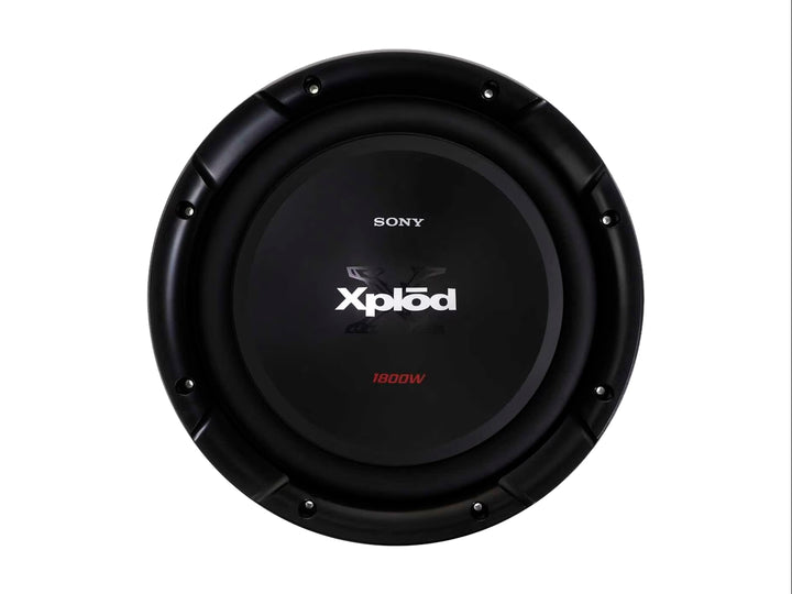 Subwoofer Sony Xplod de color negro con diseño circular y potencia de 1800W indicada en rojo.