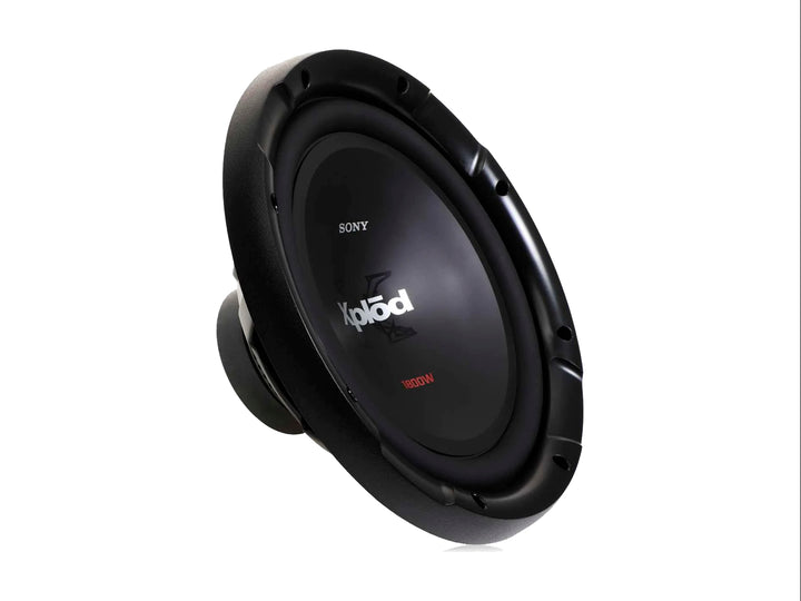 Subwoofer Sony Xplod de color negro con diseño circular y potencia de 1800W indicada en rojo.