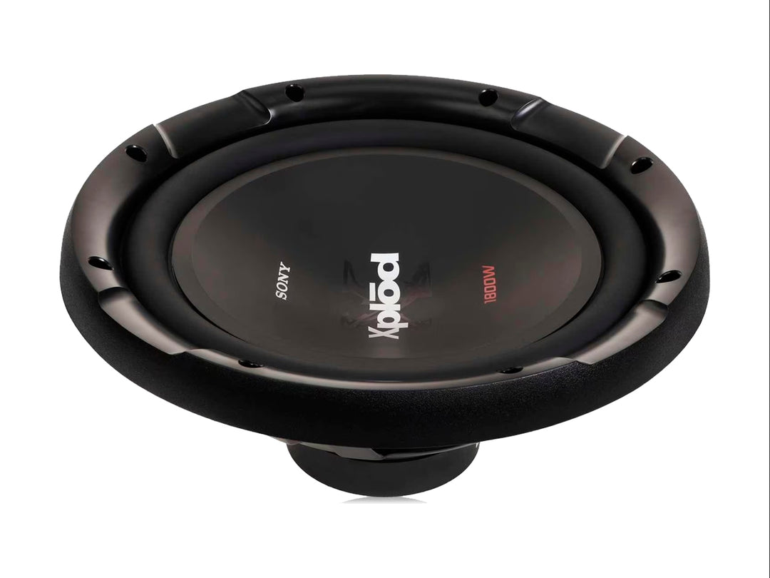 Subwoofer Sony Xplod de color negro con diseño circular y potencia de 1800W indicada en rojo.