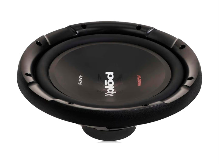 Subwoofer Sony Xplod de color negro con diseño circular y potencia de 1800W indicada en rojo.