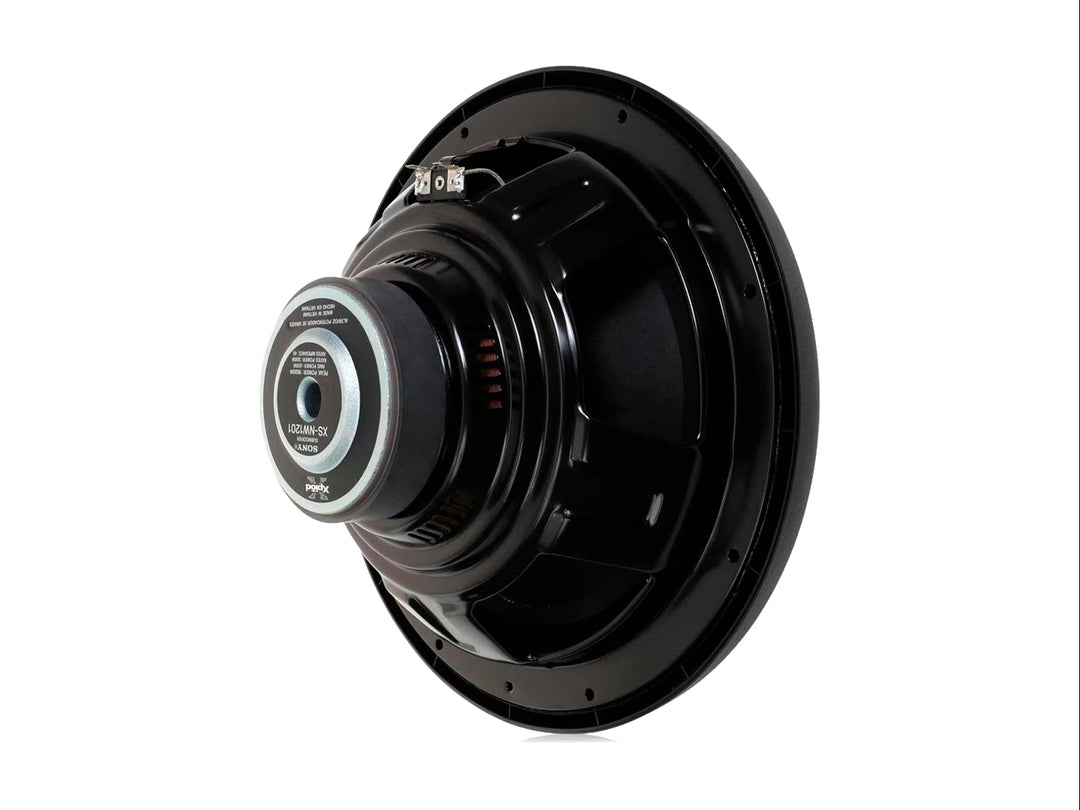 Subwoofer Sony Xplod de color negro con diseño circular y potencia de 1800W indicada en rojo.