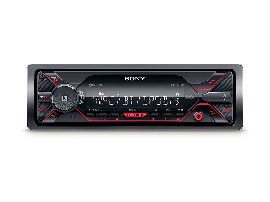 Autoestéreo Sony DSX A410BT color negro con detalles en rojo y pantalla digital central.