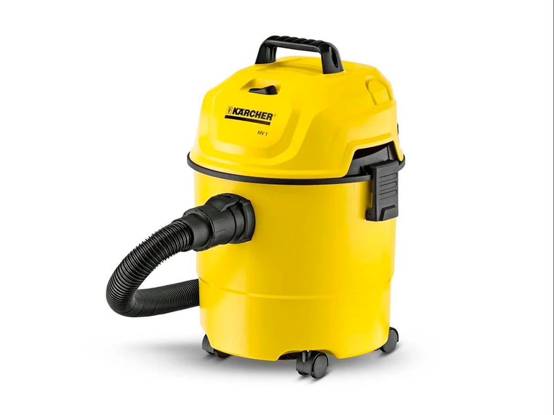 Aspiradora Karcher WD 1 amarilla con manguera y asa negra sobre fondo blanco.