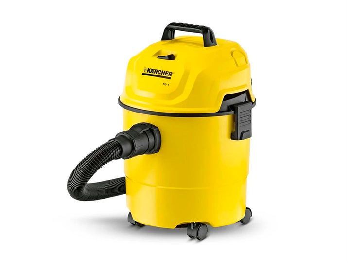Aspiradora Karcher WD 1 amarilla con manguera y asa negra sobre fondo blanco.