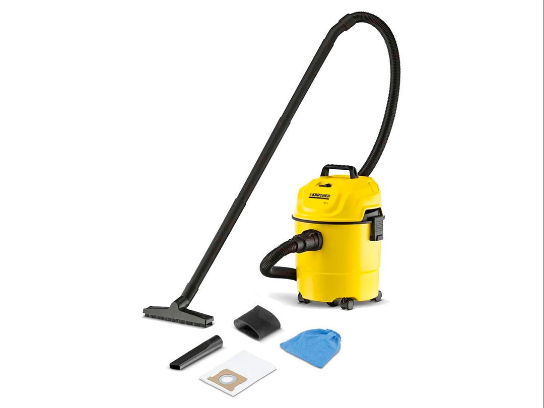 Aspiradora Karcher WD 1 amarilla con manguera y asa negra sobre fondo blanco.